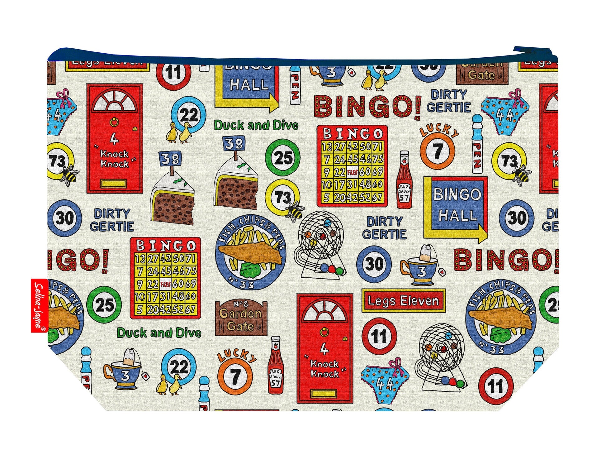 Bingo toiletry bag featuring bingo-themed design by Selina-Jayne Designs