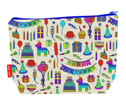 Birthday Celebrations toiletry bag featuring birthday-themed design by Selina-Jayne Designs