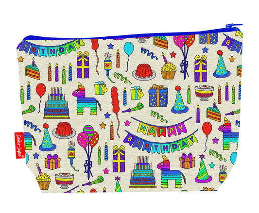 Birthday Celebrations toiletry bag featuring birthday-themed design by Selina-Jayne Designs