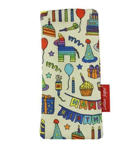 Premium birthday soft glasses case — vibrant celebrations print, colour-coordinated fastener by Selina-Jayne