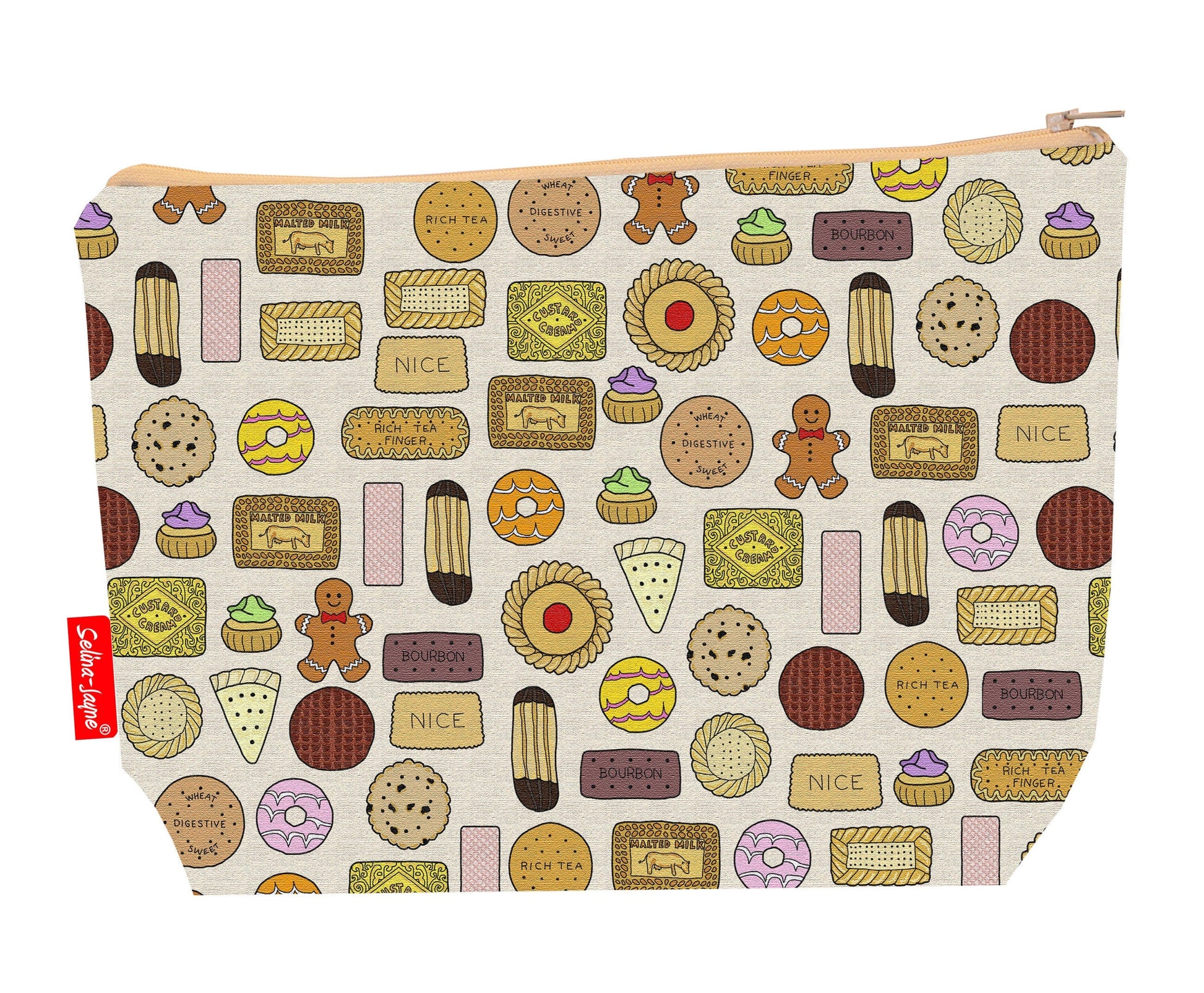 Biscuits toiletry bag featuring vibrant HD print of classic British biscuits by Selina-Jayne Designs