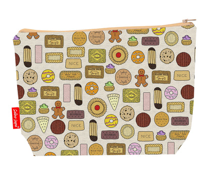 Biscuits toiletry bag featuring vibrant HD print of classic British biscuits by Selina-Jayne Designs