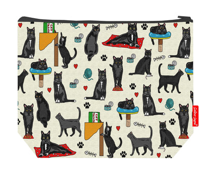 Premium black cats-themed wash bag with durable polyester and washable lining, perfect cat lover gift