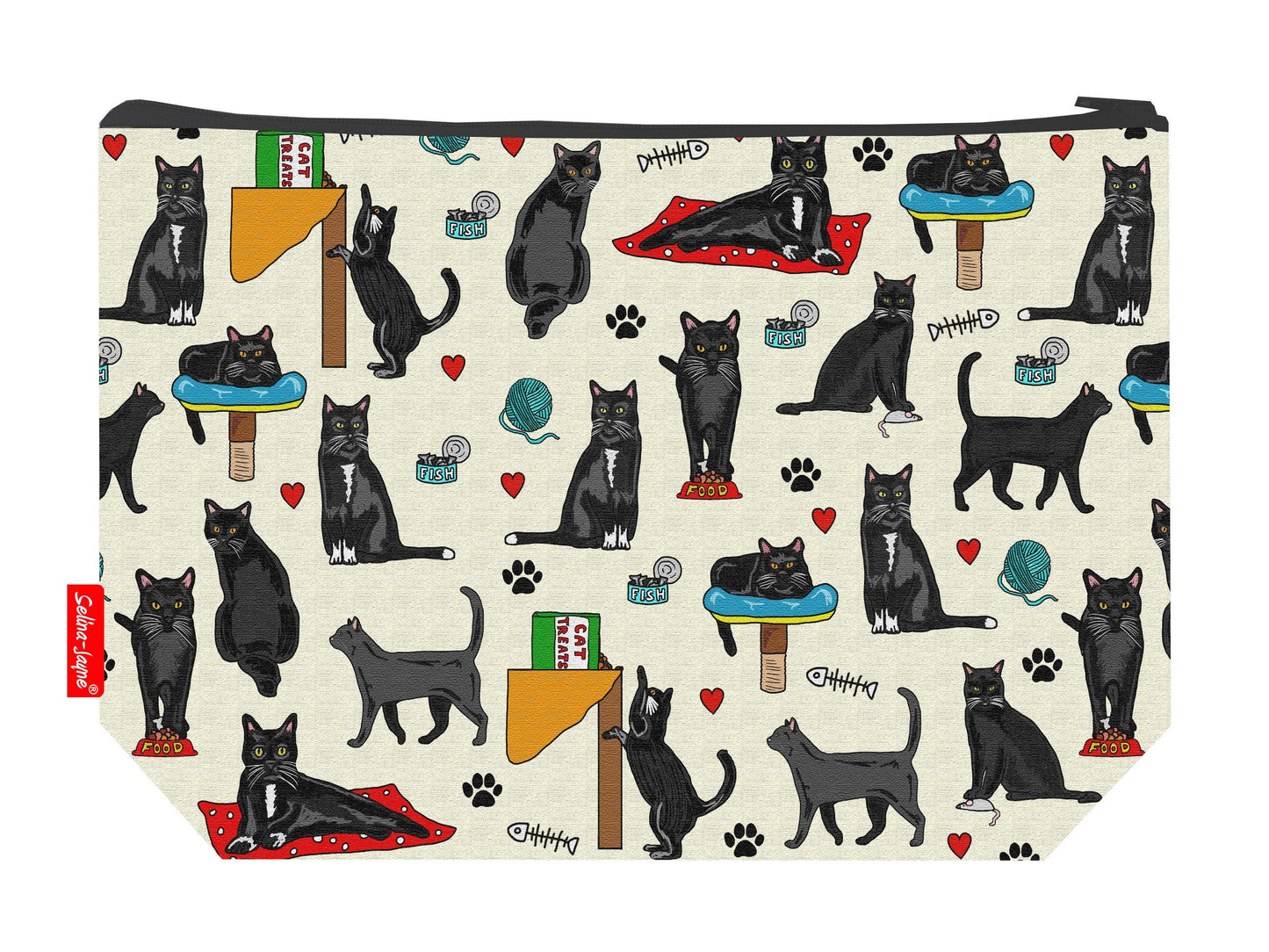 Black cats toiletry bag featuring vibrant HD print of elegant felines by Selina-Jayne Designs