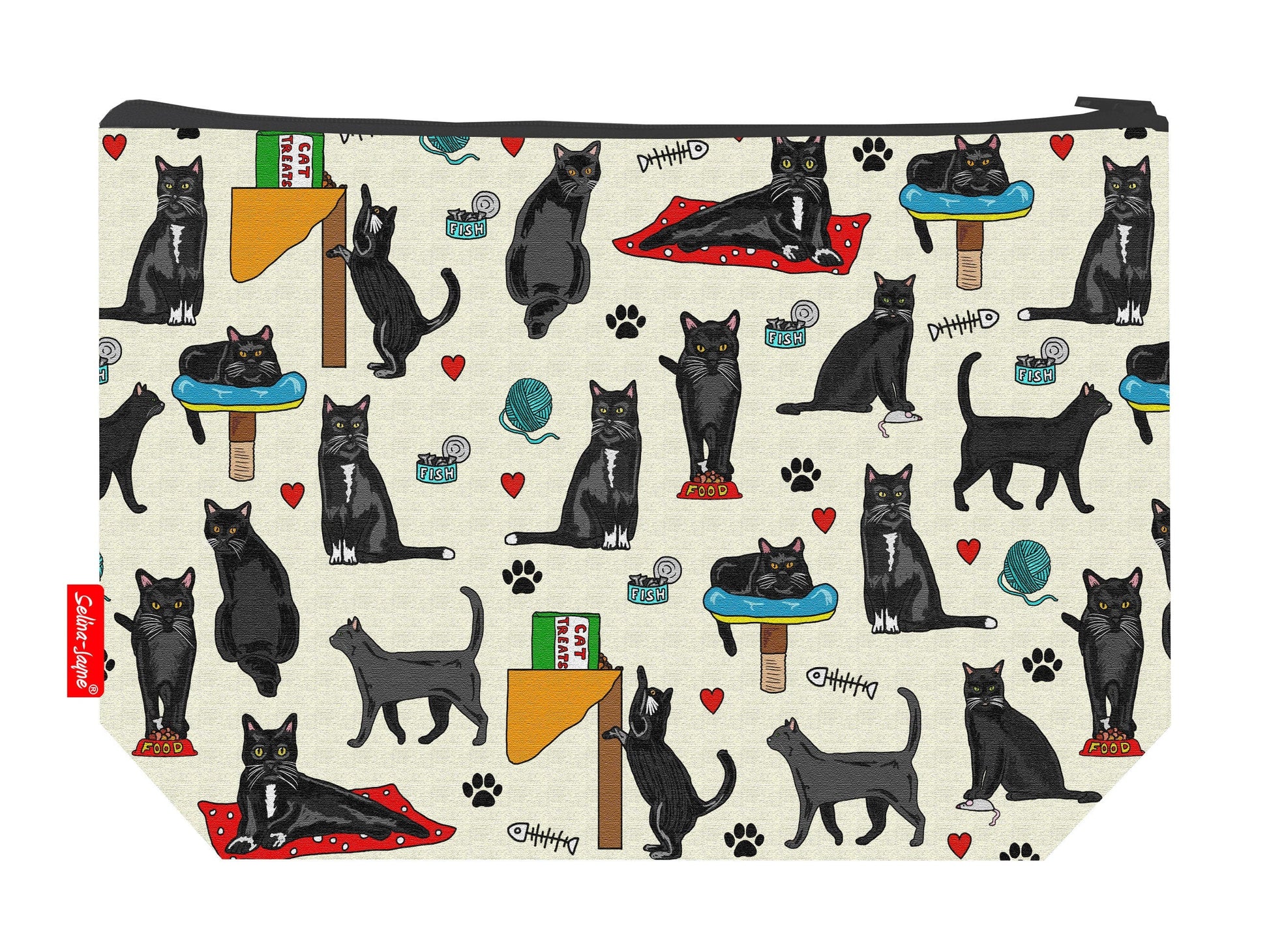 Black cats toiletry bag featuring vibrant HD print of elegant felines by Selina-Jayne Designs