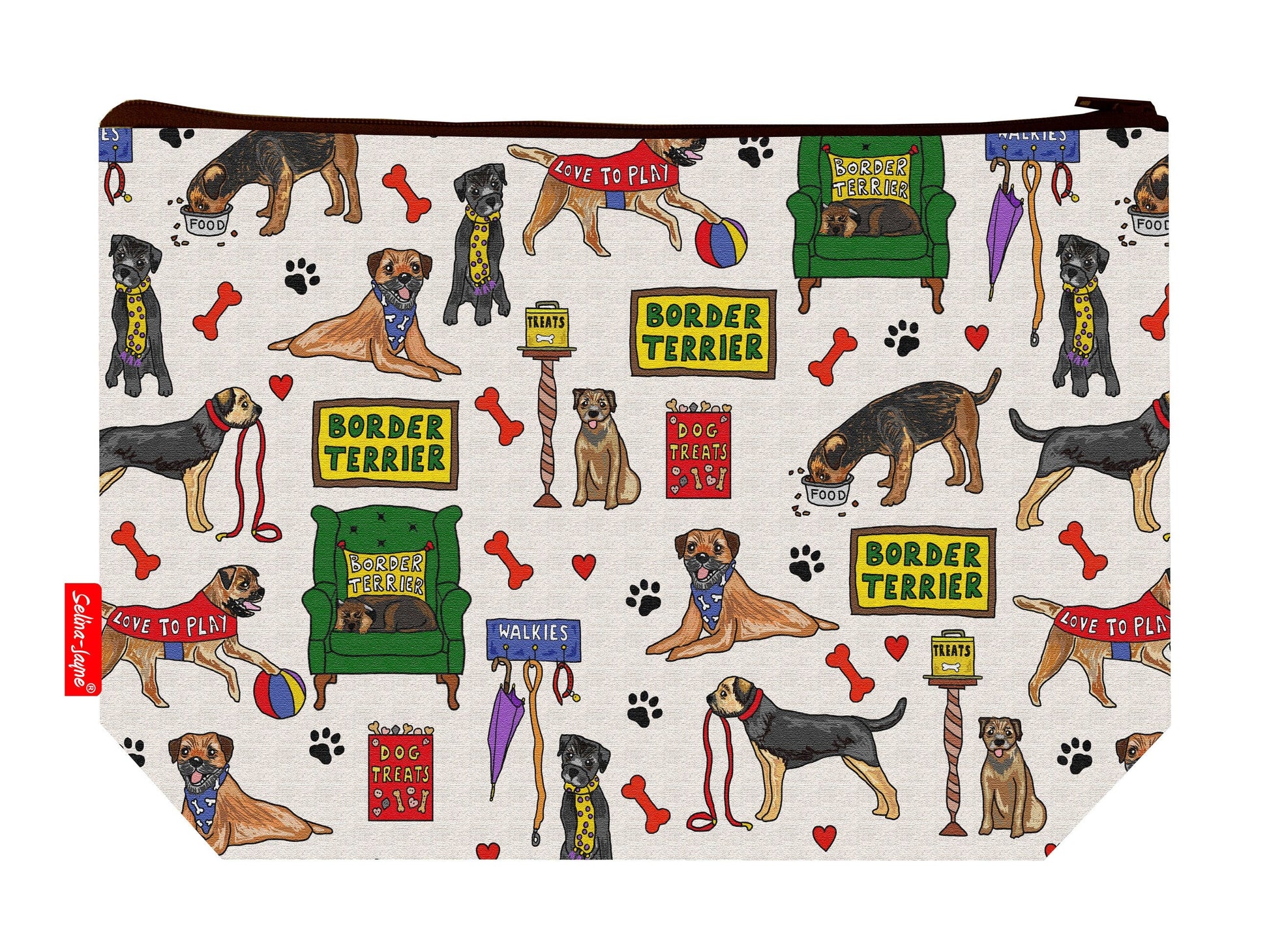 Border Terrier dog toiletry bag featuring vibrant HD print of adorable Border Terriers by Selina-Jayne Designs