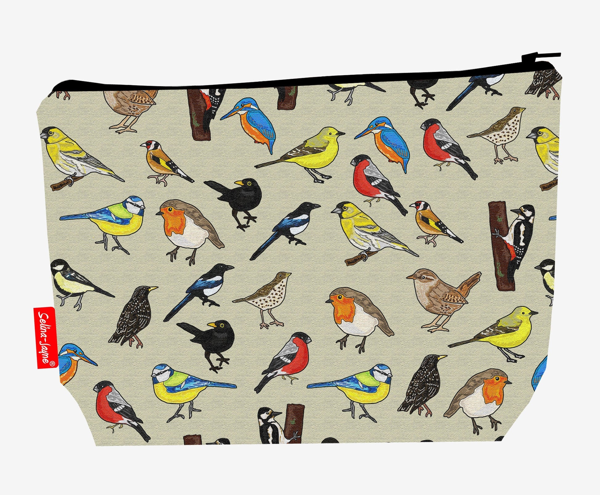 British Birds toiletry bag featuring vibrant HD print of robins and blue tits by Selina-Jayne Designs