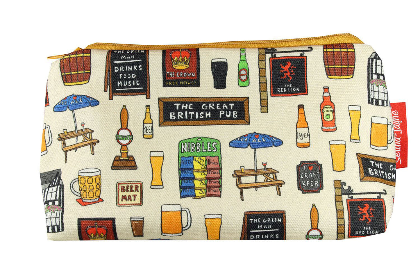 "British Pub makeup bag showing premium quality polyester and wipe-clean lining detail