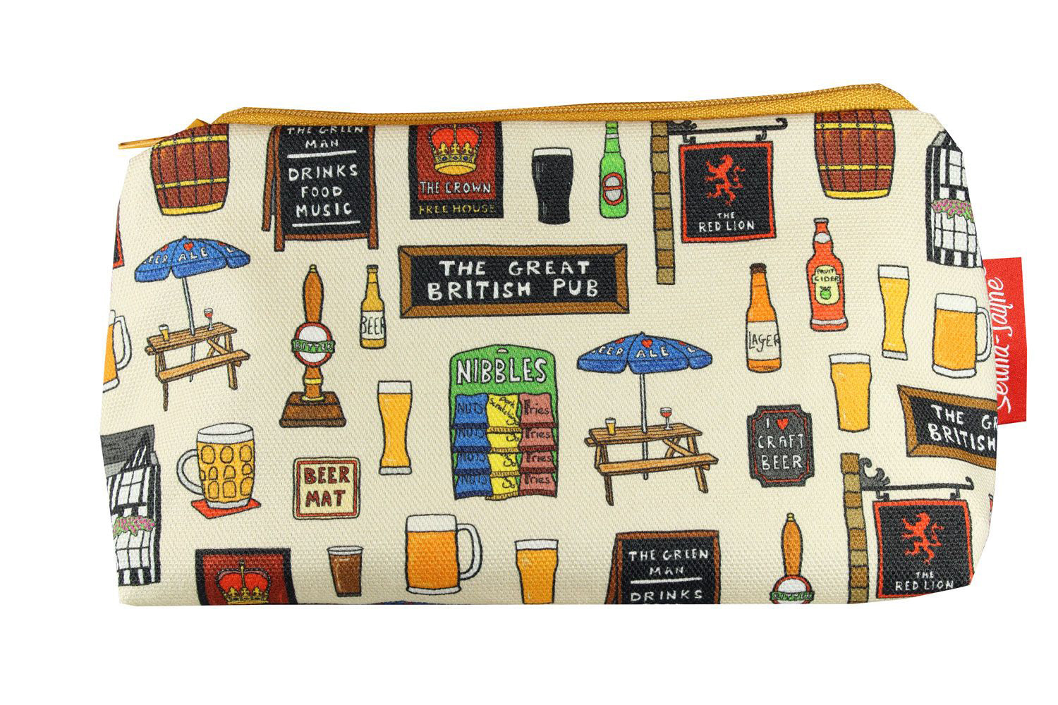 "British Pub makeup bag showing premium quality polyester and wipe-clean lining detail