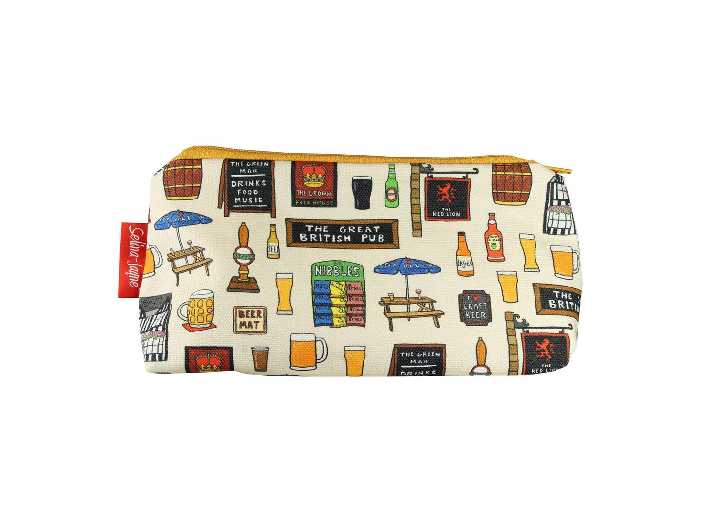 British Pub cosmetic bag with vibrant beer and pub culture print design - UK made by Selina-Jayne