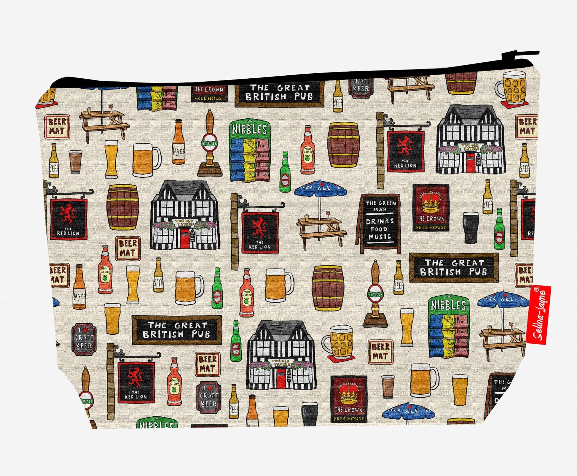Premium British Pub-themed wash bag with durable polyester and washable lining, perfect pub lover gift