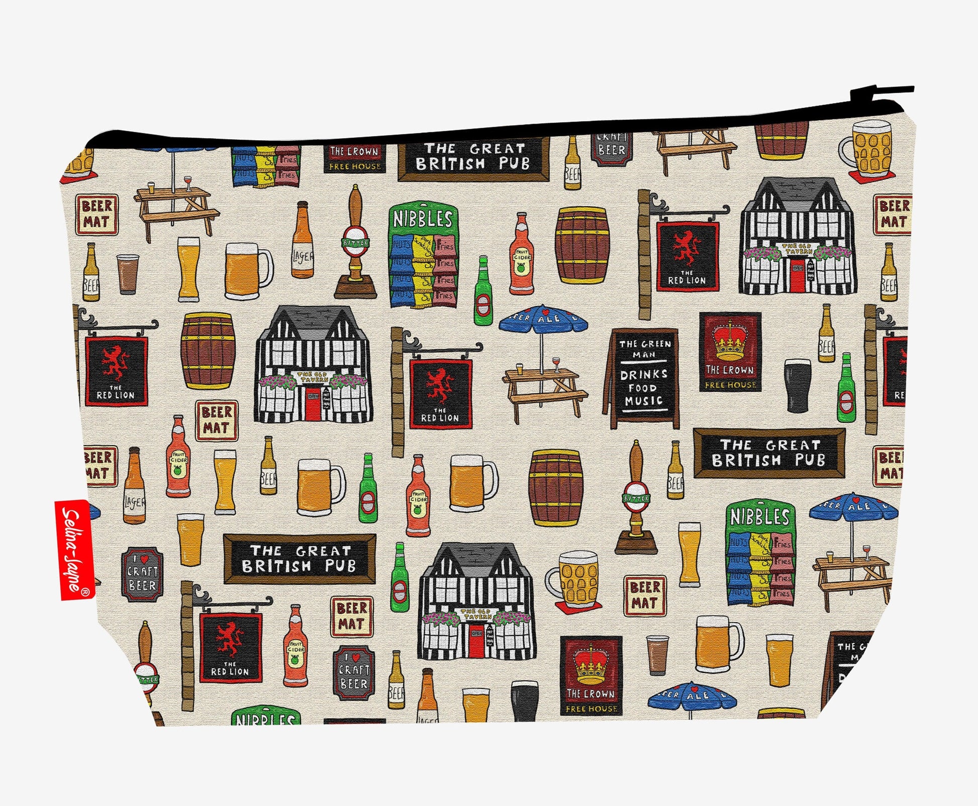 British Pub toiletry bag featuring vibrant HD print of traditional pub scenes by Selina-Jayne Designs