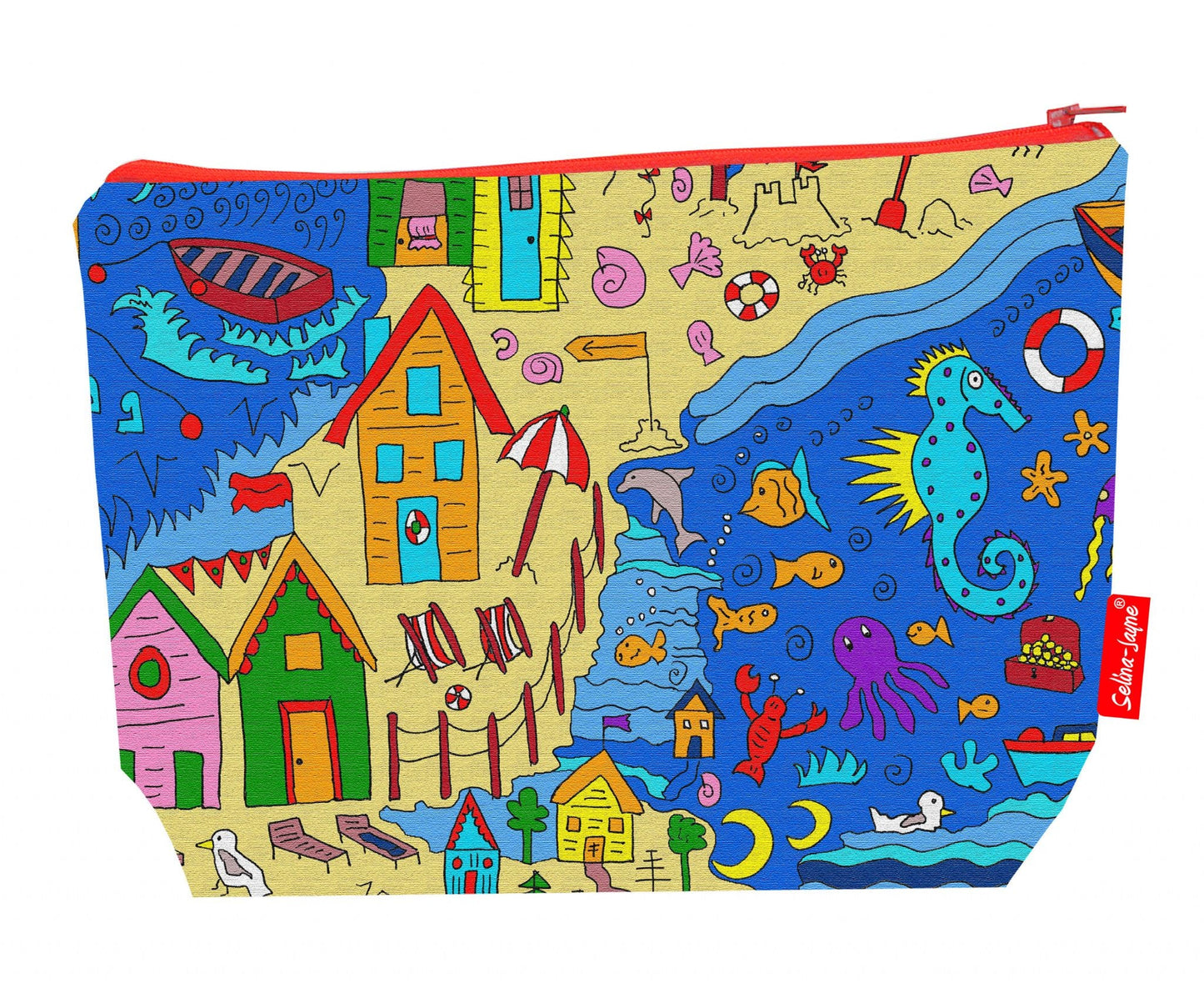 Premium British Seaside-themed wash bag with durable polyester and washable lining, perfect beach lover gift