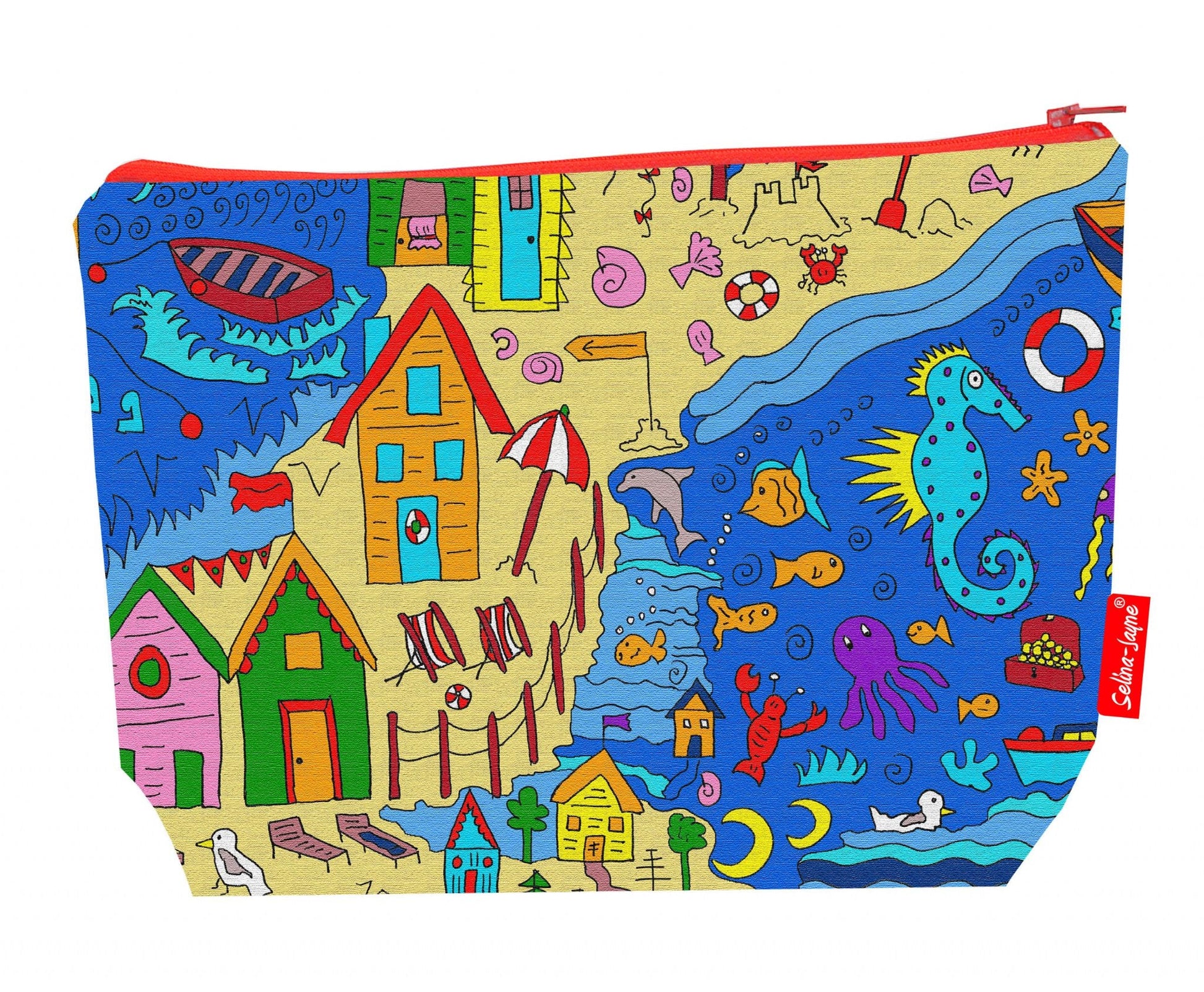 Premium British Seaside-themed wash bag with durable polyester and washable lining, perfect beach lover gift