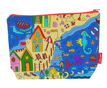 Premium British Seaside-themed wash bag with durable polyester and washable lining, perfect beach lover gift