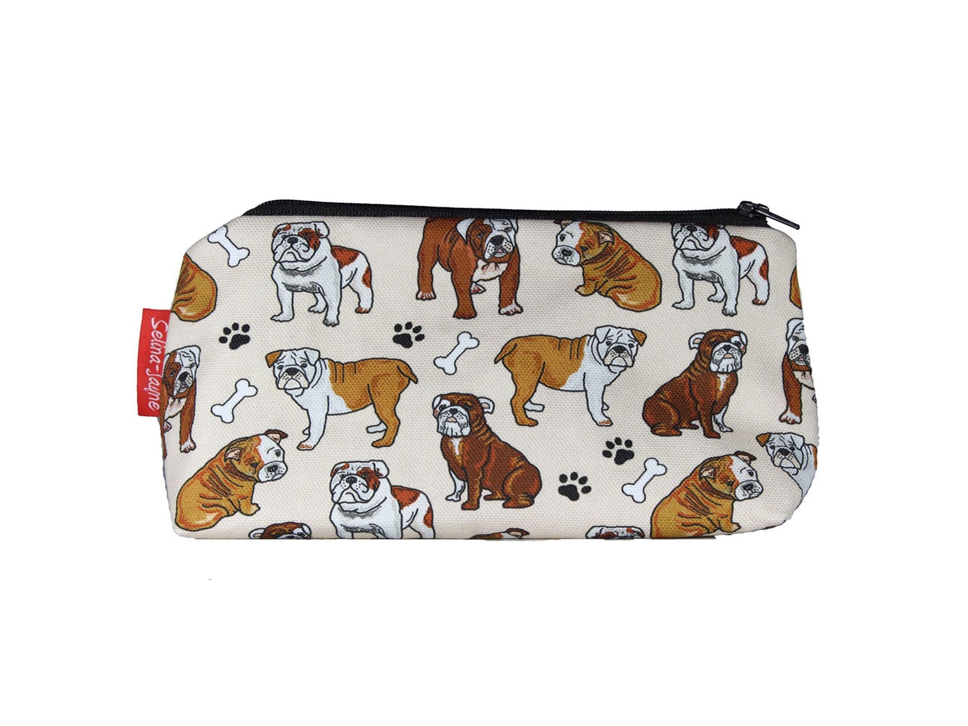 Bulldog cosmetic bag featuring vibrant breed illustration with wipe-clean lining and coordinated zipper by Selina-Jayne Designs
