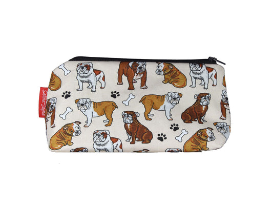 Bulldog cosmetic bag featuring vibrant breed illustration with wipe-clean lining and coordinated zipper by Selina-Jayne Designs