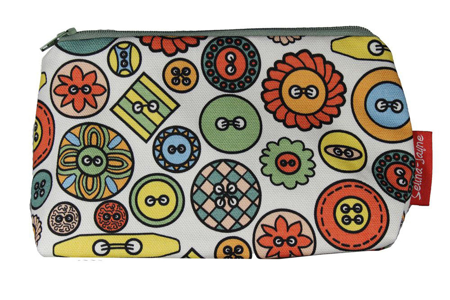 Premium Buttons makeup bag showing HD print quality and compact 17.5cm design, perfect gift for sewing lovers and craft enthusiasts