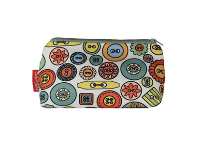 Buttons cosmetic bag featuring vibrant sewing-inspired print with wipe-clean lining and coordinated zipper by Selina-Jayne Designs