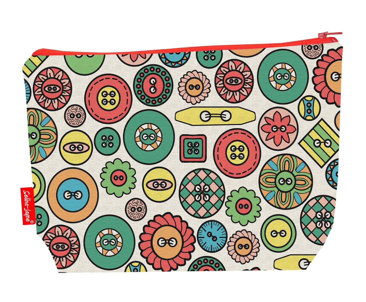 Buttons toiletry bag featuring vibrant HD print of colourful sewing buttons by Selina-Jayne Designs