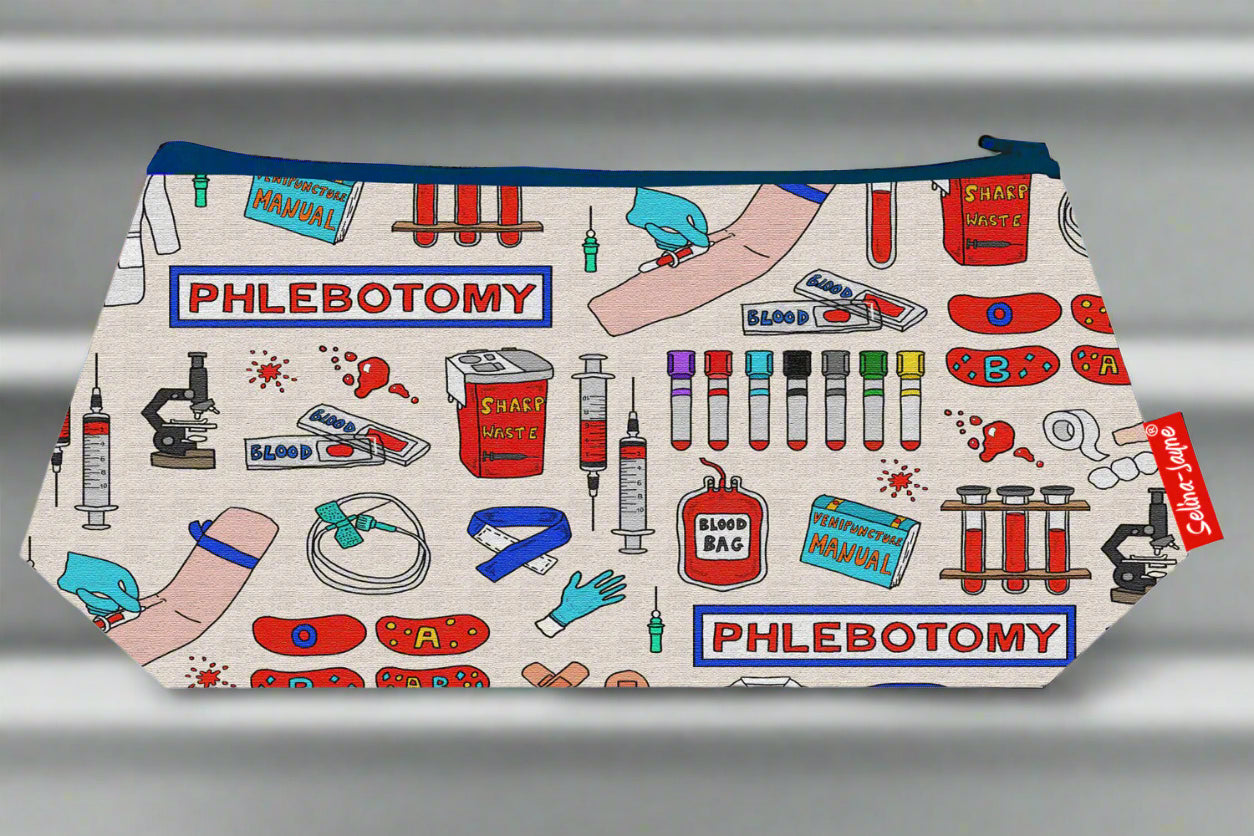 Pouch with phlebotomy-themed design on a white background