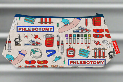 Pouch with phlebotomy-themed design on a white background