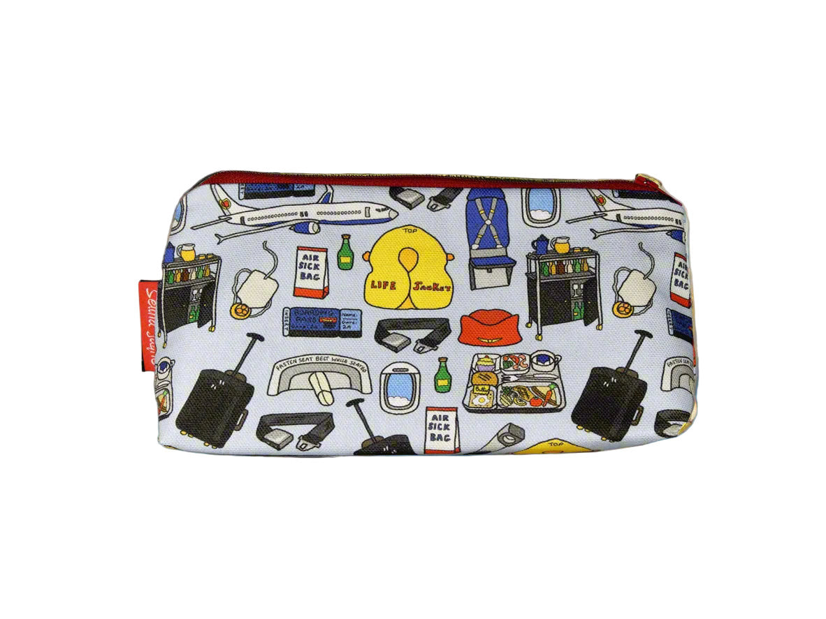 Cabin Crew cosmetic bag featuring vibrant aviation-inspired print with wipe-clean lining and coordinated zipper by Selina-Jayne Designs
