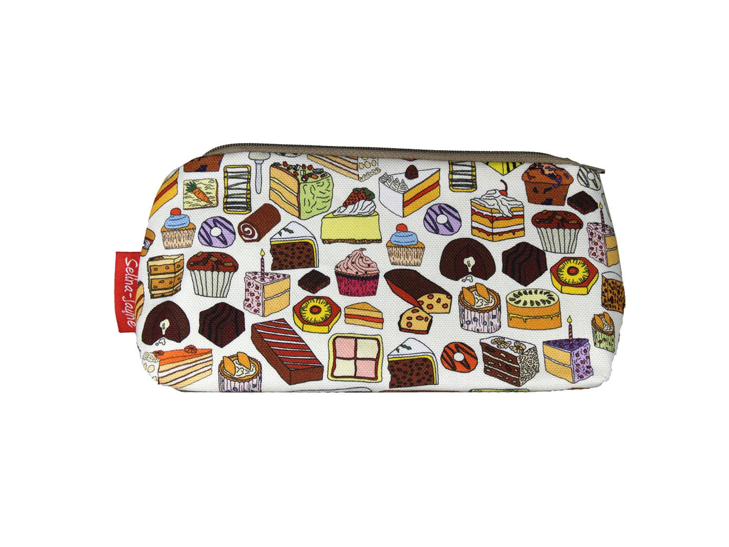 Cakes cosmetic bag featuring vibrant baking-inspired print with wipe-clean lining and coordinated zipper by Selina-Jayne Designs