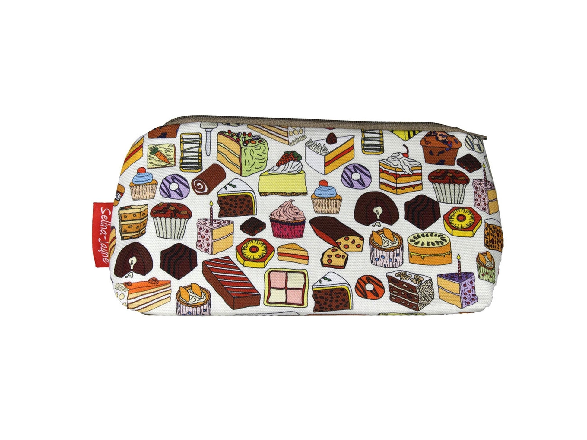 Cakes cosmetic bag featuring vibrant baking-inspired print with wipe-clean lining and coordinated zipper by Selina-Jayne Designs