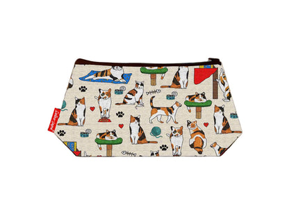 Calico Cats cosmetic bag featuring vibrant breed illustration with wipe-clean lining and coordinated zipper by Selina-Jayne Designs