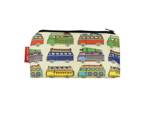 Campervan cosmetic bag featuring vibrant travel-inspired print with wipe-clean lining and coordinated zipper by Selina-Jayne Designs