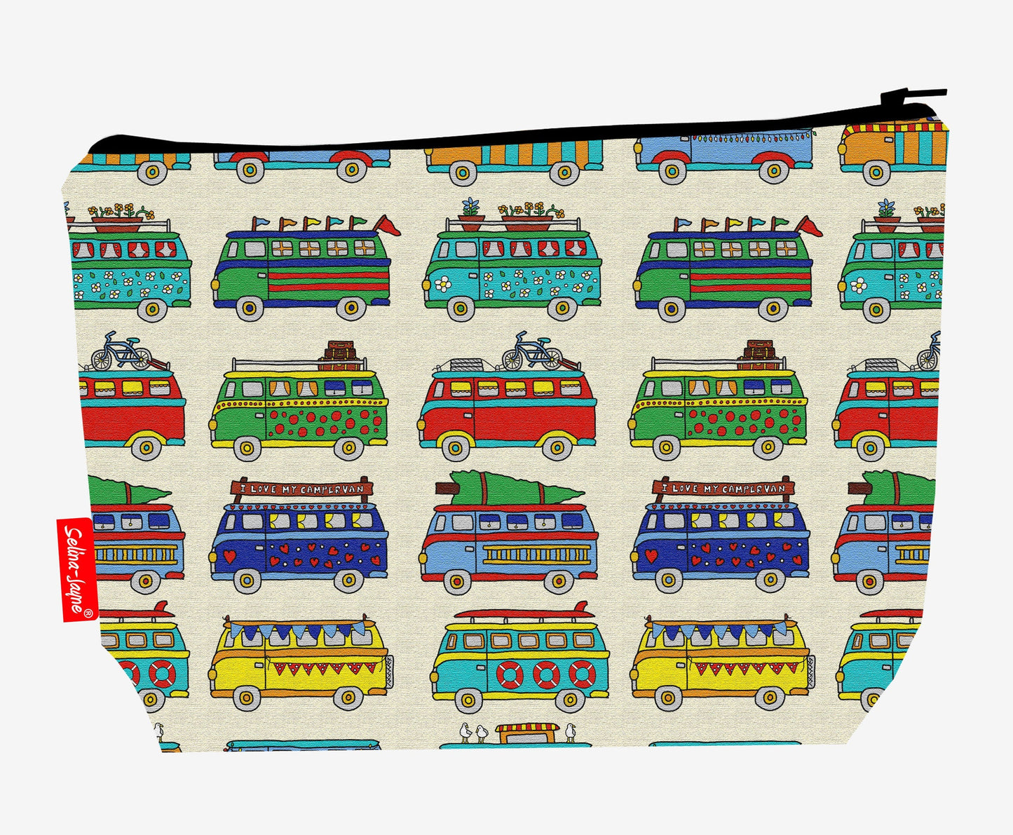 Campervan toiletry bag with vibrant VW van design, washable lining and colour-coordinated zip by Selina-Jayne Designs