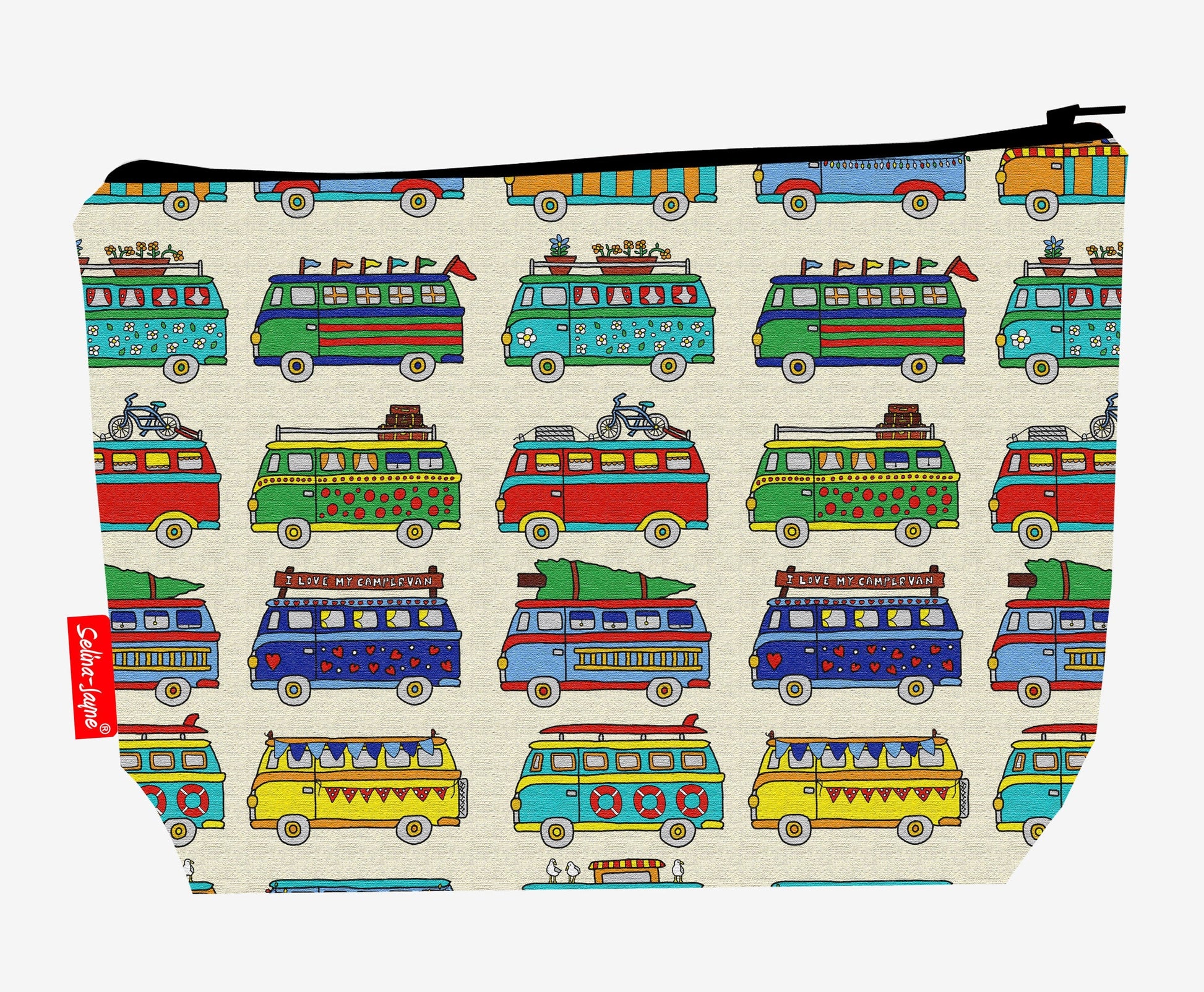 Campervan toiletry bag with vibrant VW van design, washable lining and colour-coordinated zip by Selina-Jayne Designs