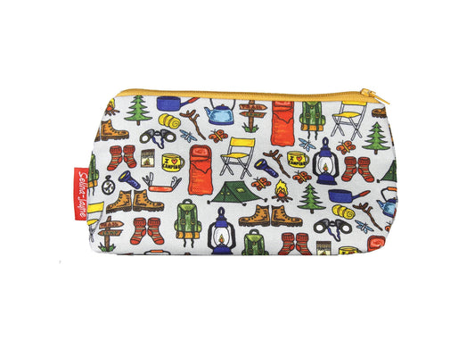 Camping cosmetic bag featuring vibrant outdoor-inspired print with wipe-clean lining and coordinated zipper by Selina-Jayne Designs