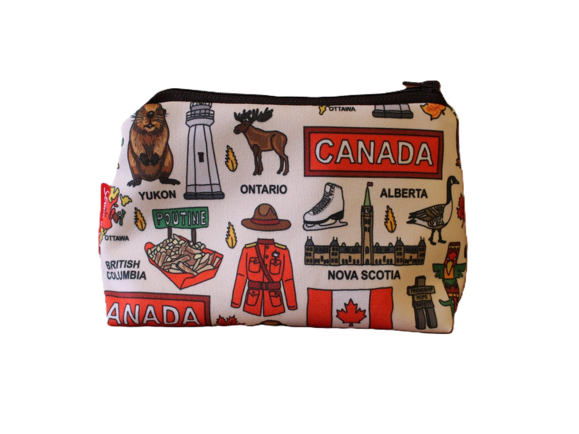 Canada cosmetic bag featuring vibrant Canadian-inspired print with wipe-clean lining and coordinated zipper by Selina-Jayne Designs