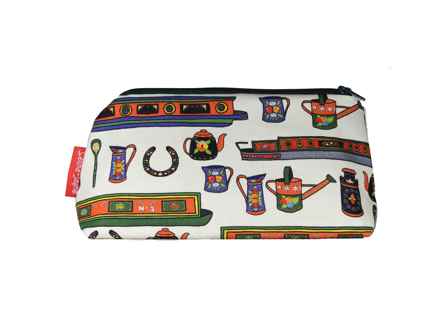 Canal Boats cosmetic bag featuring vibrant boating-inspired print with wipe-clean lining and coordinated zipper by Selina-Jayne Designs