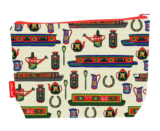 Canal Boats toiletry bag featuring vibrant narrowboat design with washable lining by Selina-Jayne Designs