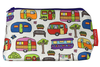 Premium Caravan makeup bag showing HD print quality and compact 17.5cm design, perfect gift for caravan lovers and touring enthusiasts
