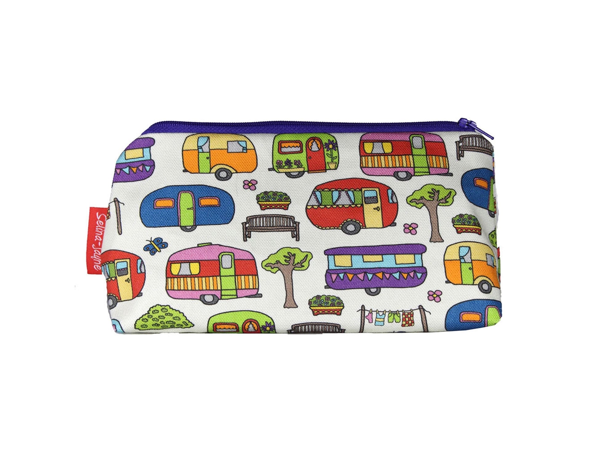 Caravan cosmetic bag featuring vibrant travel-inspired print with wipe-clean lining and coordinated zipper by Selina-Jayne Designs