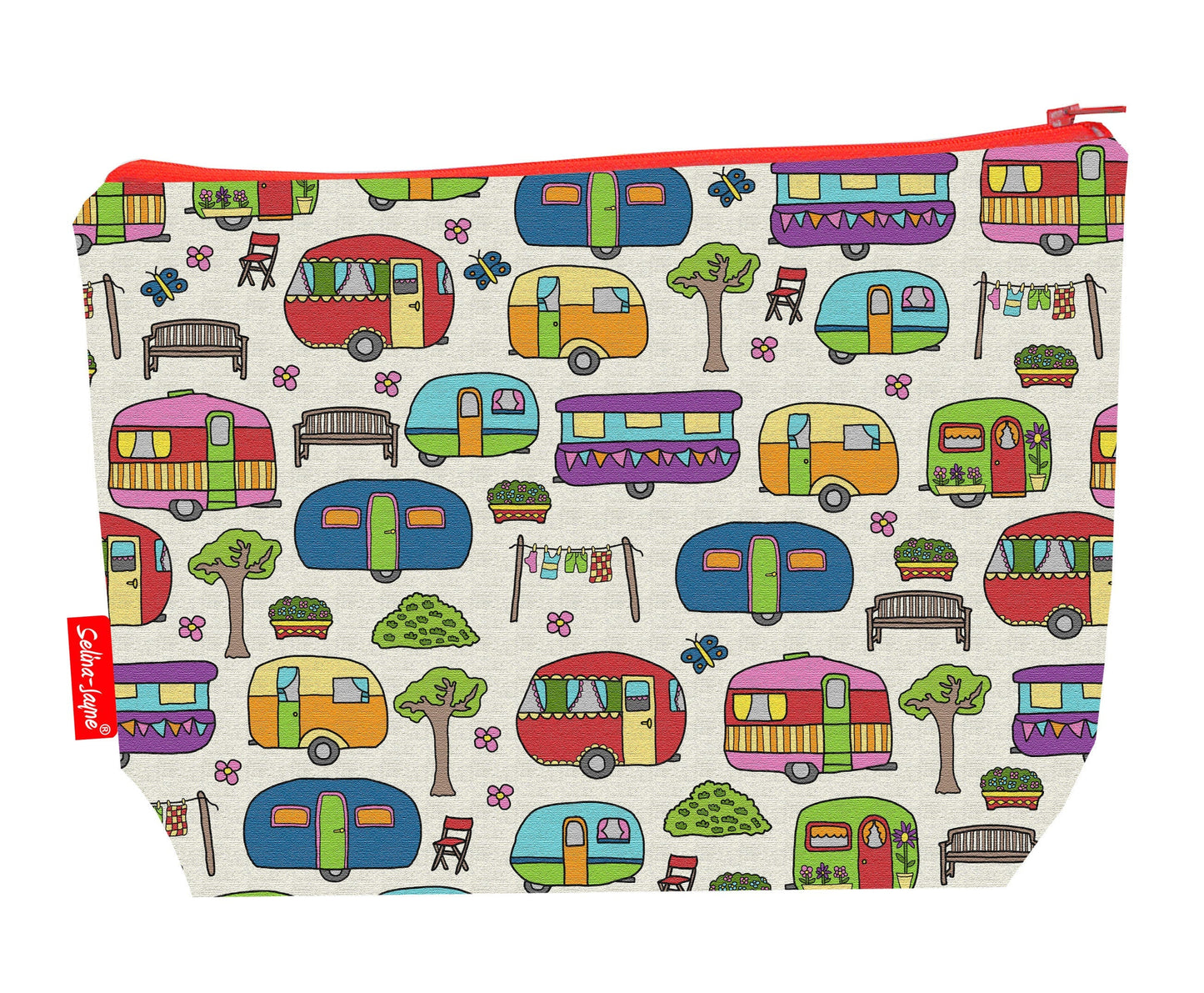 Caravans toiletry bag featuring vibrant vintage caravan design with washable lining by Selina-Jayne Designs