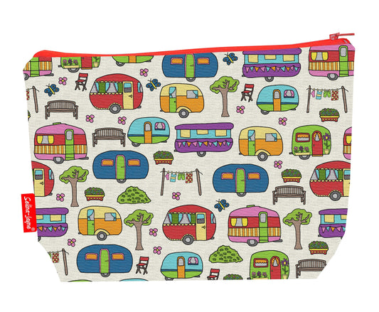 Caravans toiletry bag featuring vibrant vintage caravan design with washable lining by Selina-Jayne Designs