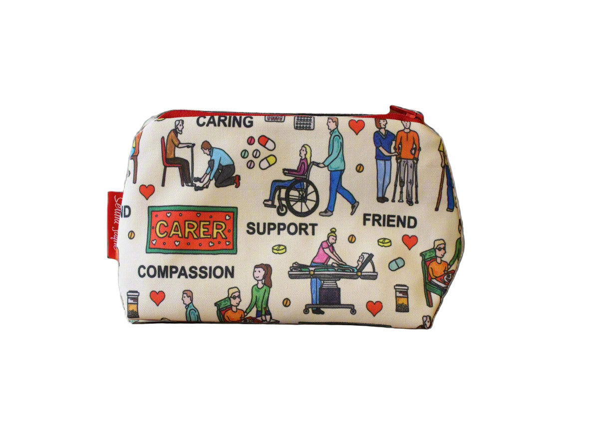 Care Assistant cosmetic bag featuring vibrant healthcare-inspired print with wipe-clean lining and coordinated zipper by Selina-Jayne Designs