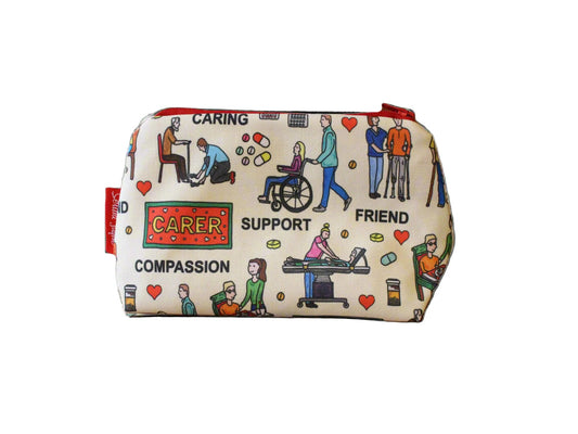 Care Assistant cosmetic bag featuring vibrant healthcare-inspired print with wipe-clean lining and coordinated zipper by Selina-Jayne Designs