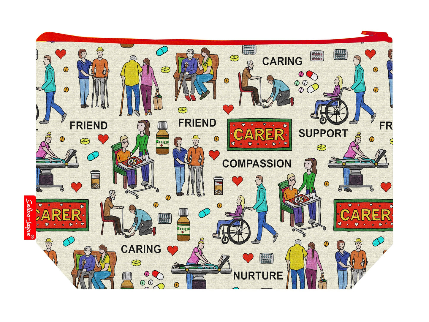 Care Assistant toiletry bag featuring vibrant healthcare worker design with washable lining by Selina-Jayne Designs