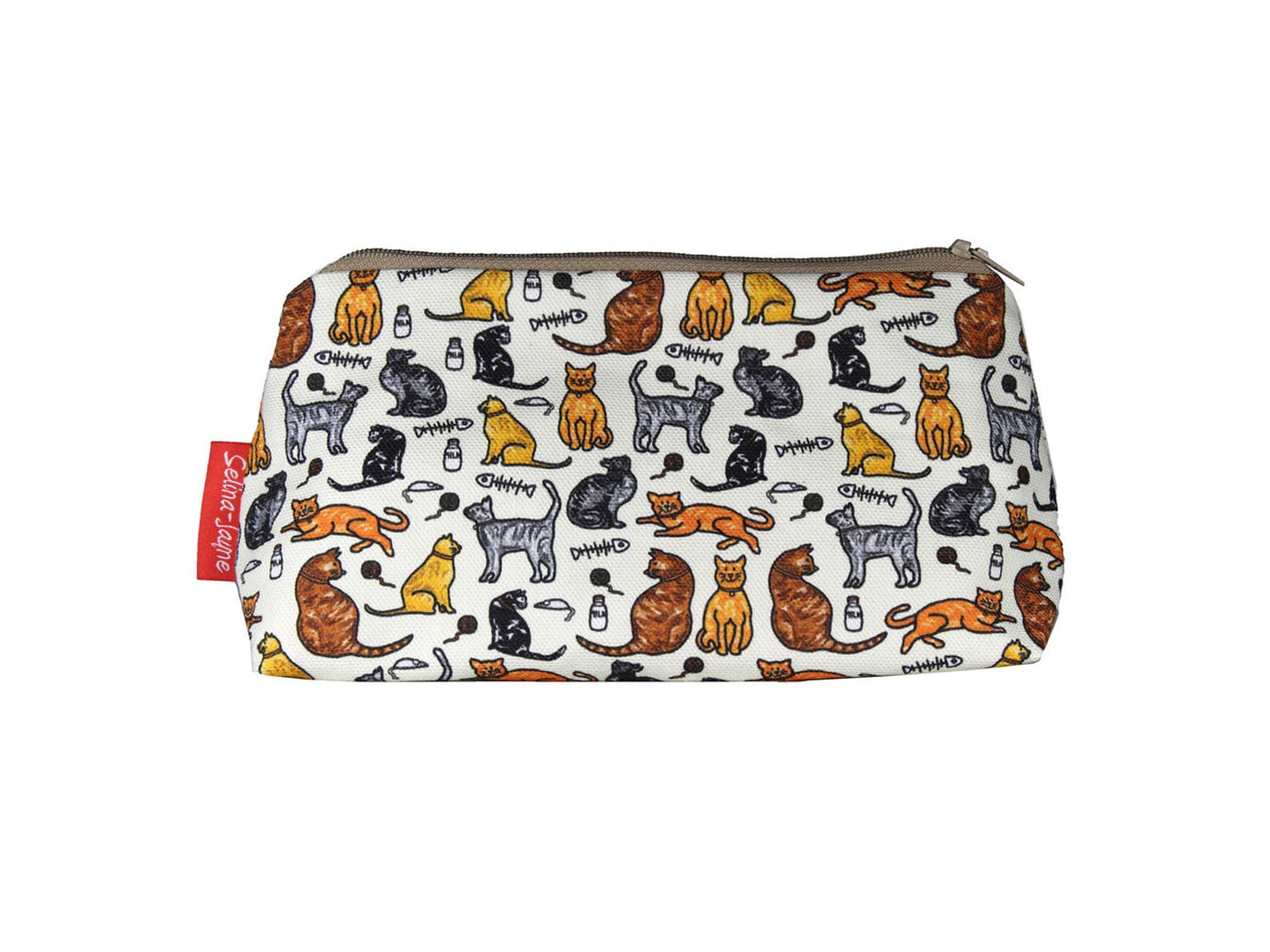 Cats cosmetic bag featuring vibrant feline-inspired print with wipe-clean lining and coordinated zipper by Selina-Jayne Designs