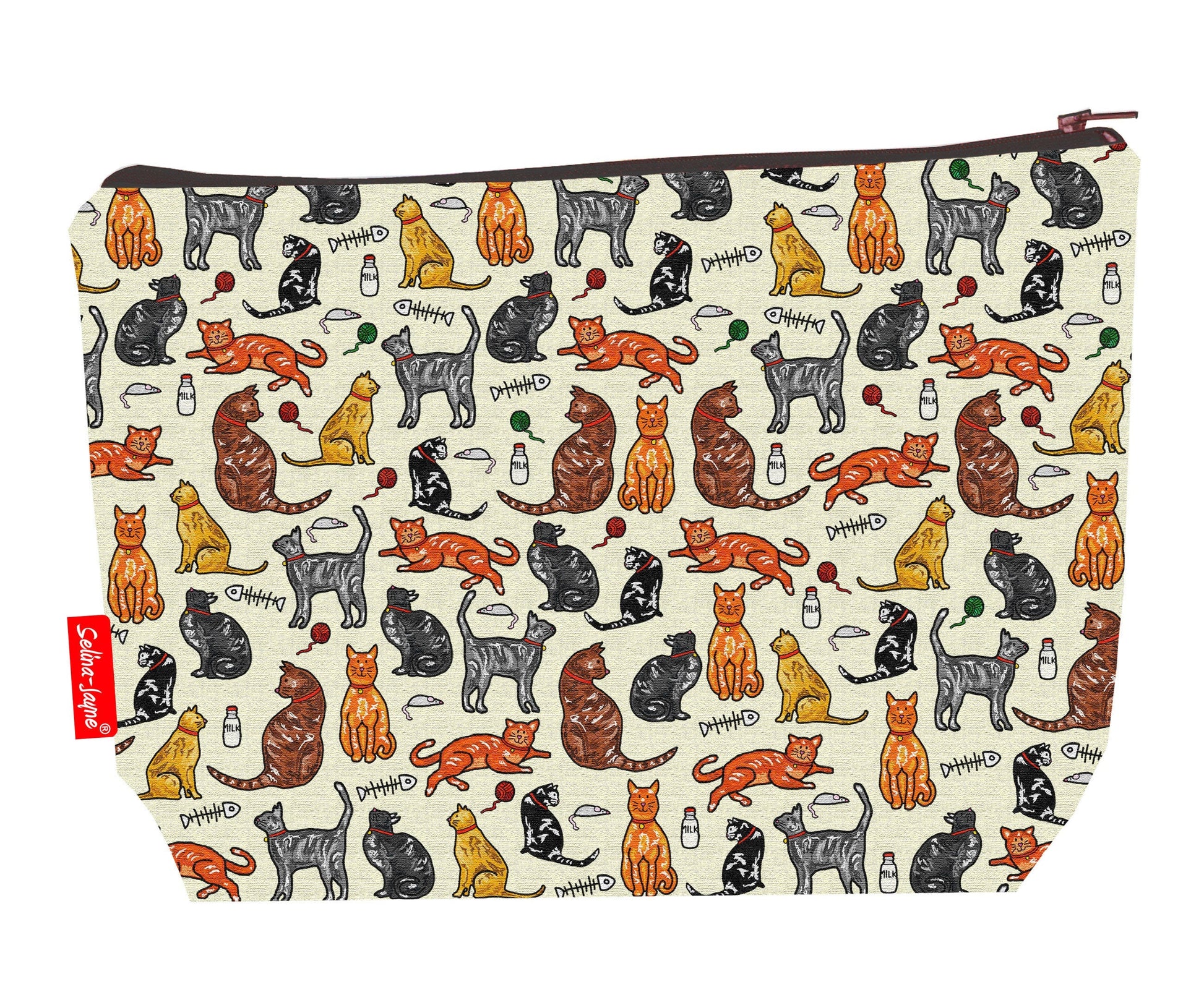 Cats toiletry bag featuring vibrant feline design with washable lining by Selina-Jayne Designs