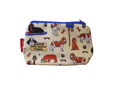 Cavalier King Charles cosmetic bag featuring vibrant breed illustration with wipe-clean lining and coordinated zipper by Selina-Jayne Designs