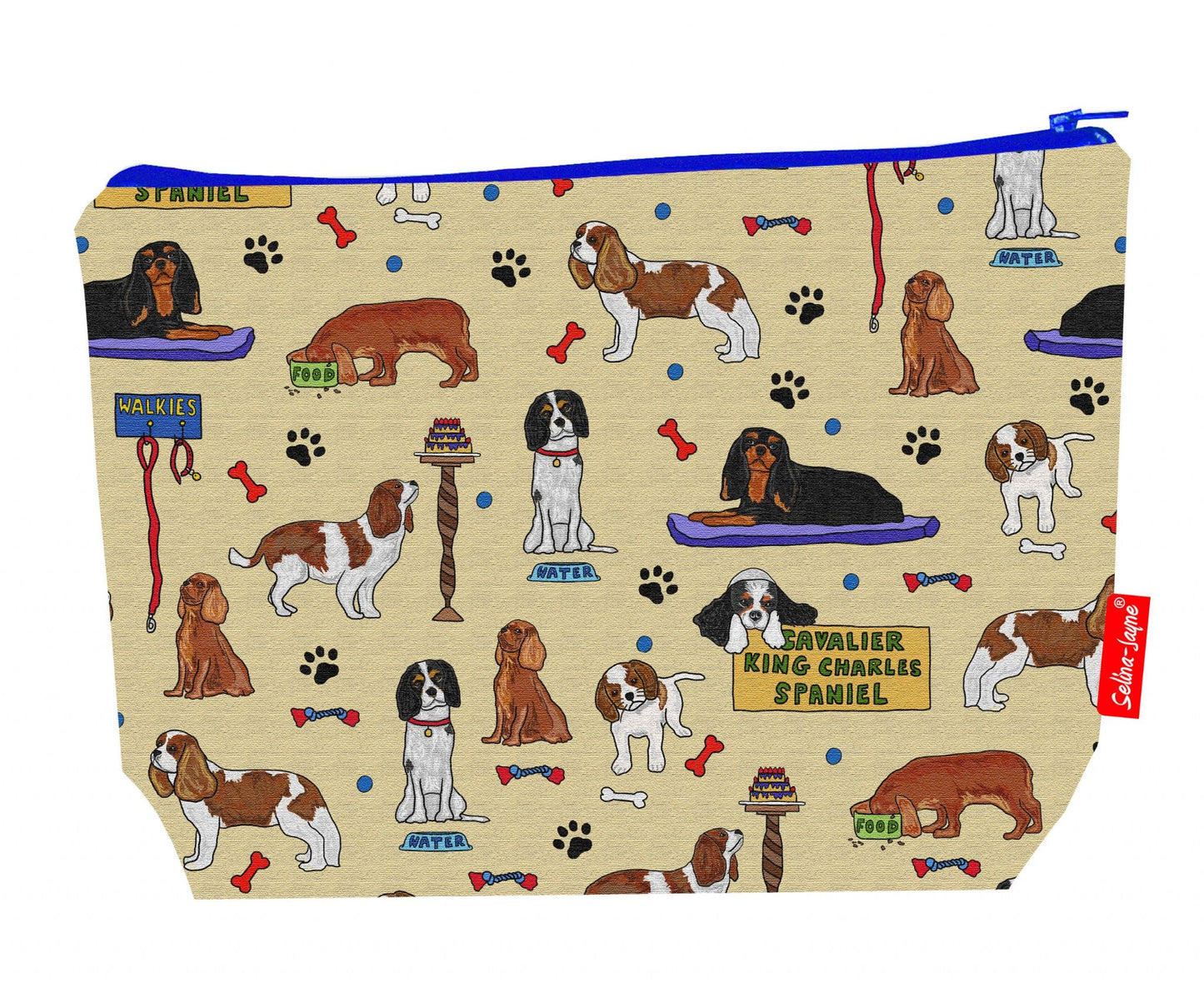 Premium Cavalier King Charles wash bag with durable polyester and colour-coordinated zip, 29cm practical size