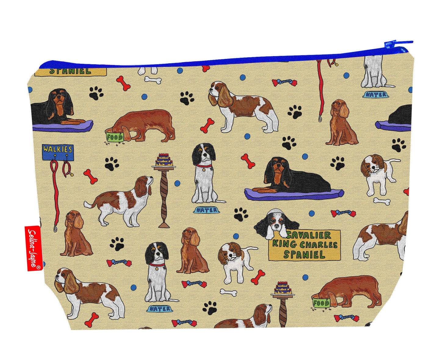 Cavalier King Charles Dogs toiletry bag featuring vibrant spaniel design with washable lining by Selina-Jayne Designs