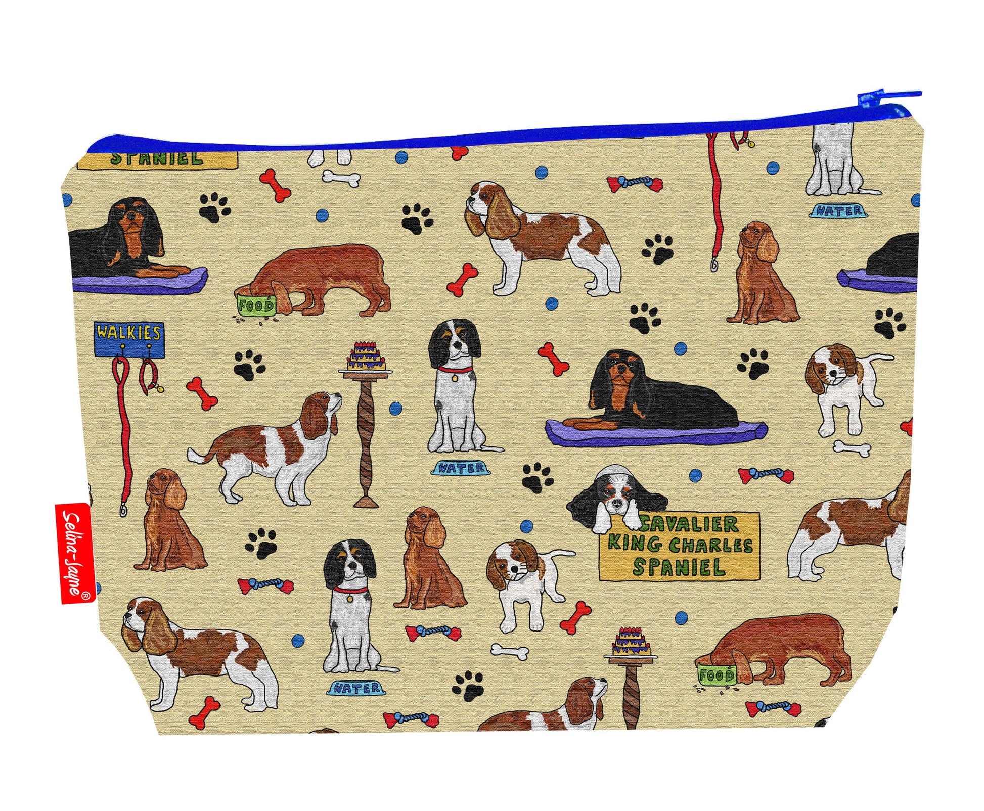 Cavalier King Charles Dogs toiletry bag featuring vibrant spaniel design with washable lining by Selina-Jayne Designs